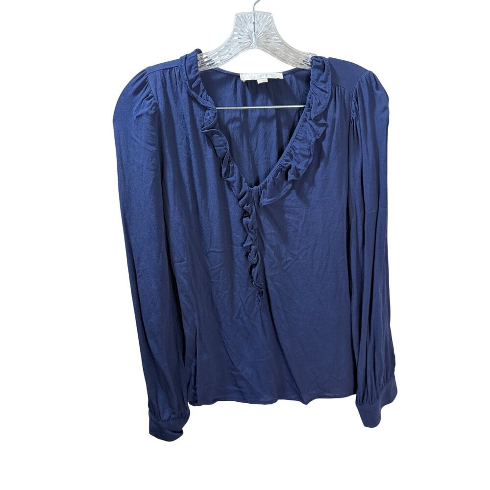 Loft Womens Navy Long-Sleeve Ruffle V-Neck Blouse Size S Lightweight‎
